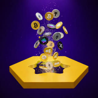 Multiple digital currency coins arranged across a polished dark reflective surface